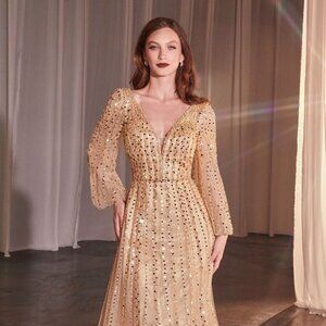 NEW A-LINE SEQUINS EMBELLISHED MAXI GOWN W/ V-NECKLINE & LONG SLEEVES CD0240